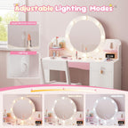 Teckid Kids Vanity Table and Chair Set with Lighted Mirror Storage Drawers Shelves for Little Girls | Open Bookshelf, Shelves, Drawers and Storage Cabinet