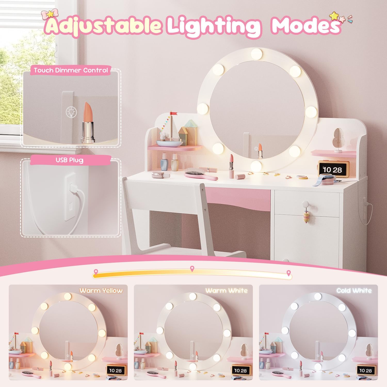 Teckid Kids Vanity Table and Chair Set with Lighted Mirror Storage Drawers Shelves for Little Girls | Open Bookshelf, Shelves, Drawers and Storage Cabinet