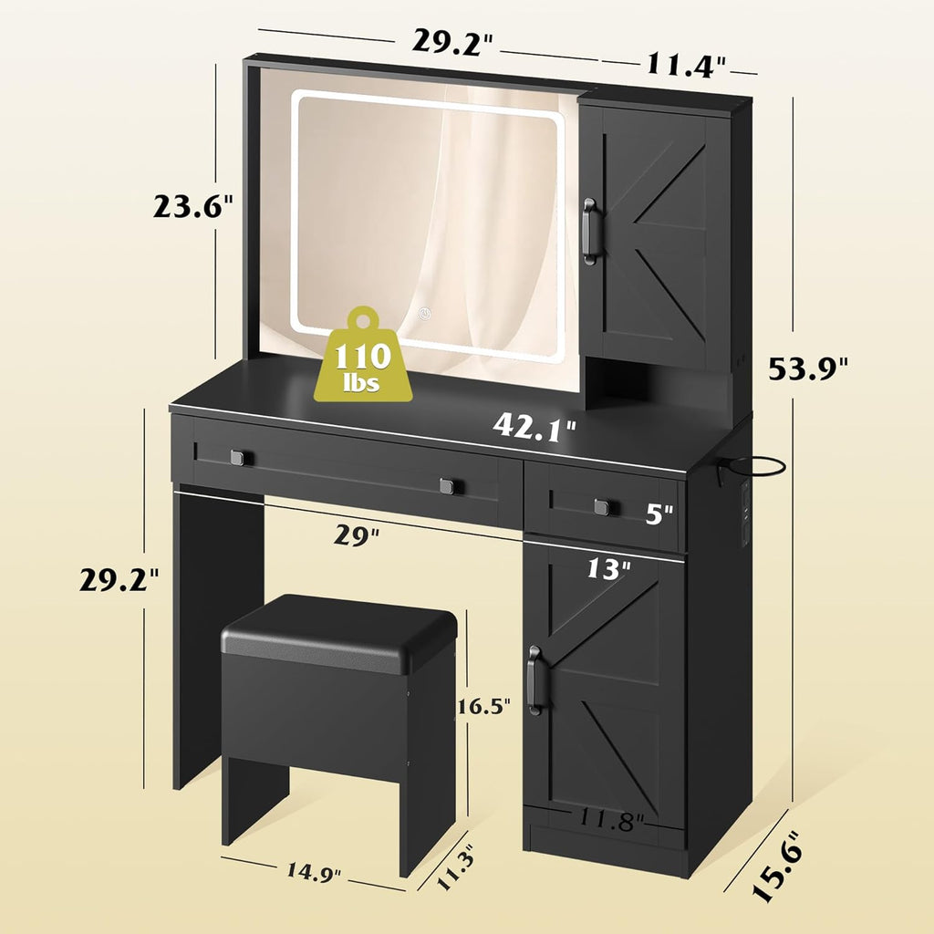 WLIVE Farmhouse Vanity Desk with LED Mirror & Stool, Black | Charging station (2AC+2USB), 3CCT lighted mirror, Sturdy FSC wood (165lbs), Hair dryer holder, W/ stool