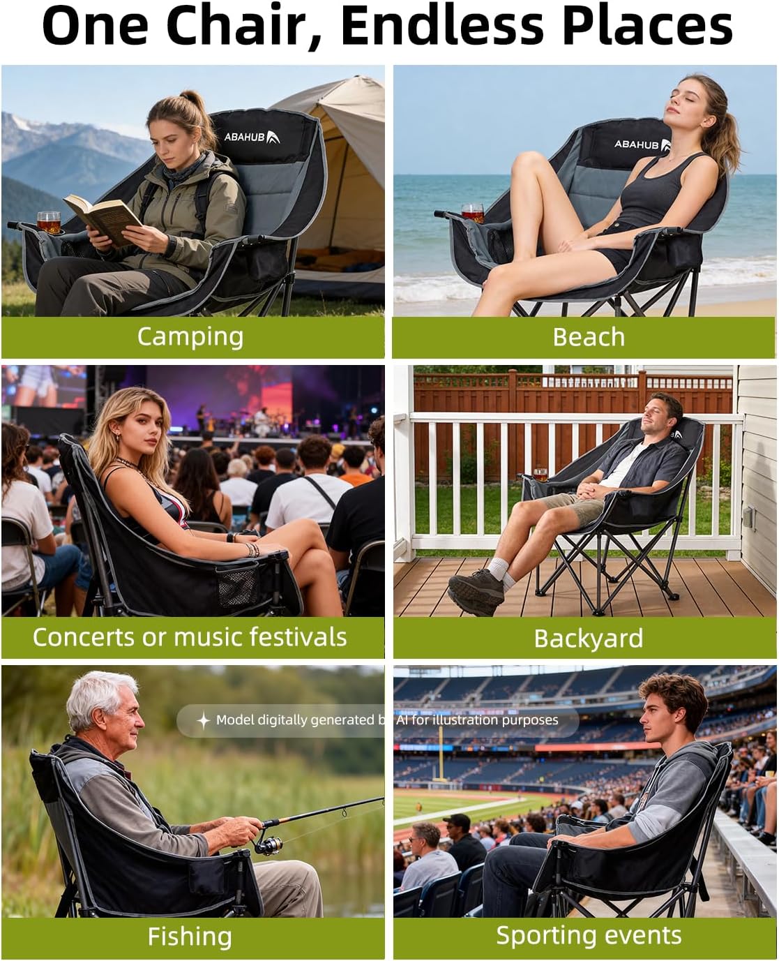 Abahub Camping Chairs Oversized Padded Heavy Duty Quad Foldable Portable Folding Chairs XL Lawn Chairs Wide Giant Big for Adults Support 500 lbs for Outdoors Black Grey