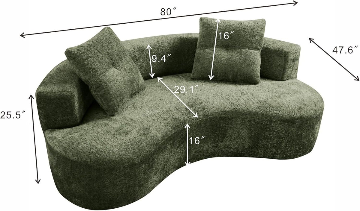 KEIKI 80" Boucle Curved Modular Sofa with 2 Pillows, Upholstered Modern Style 3-Seater Couch with High Resilience Cushion, No Assembly Required, for Apartment, Living Room, Office, Green