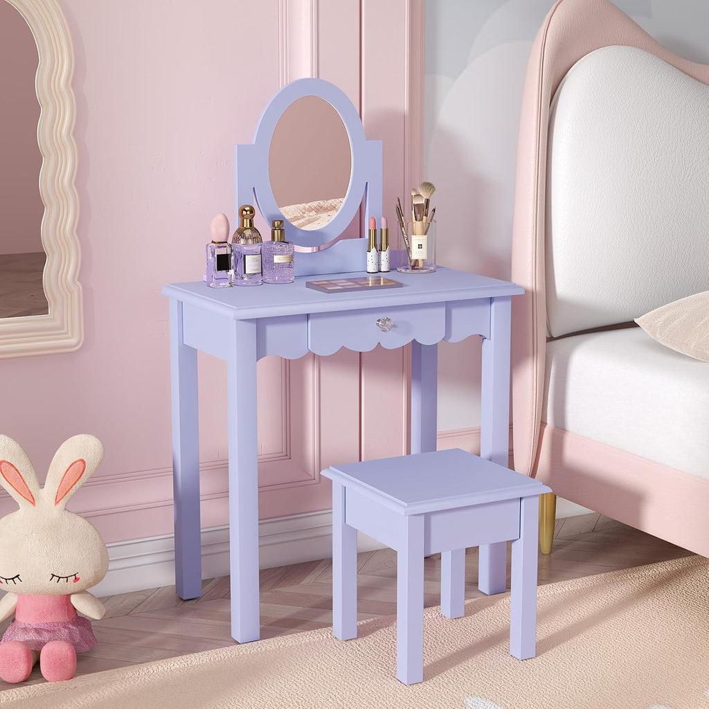 HLR Kids Vanity Set with Mirror Stool and Drawer for Little Girls, Purple | Girls Vanity Set, Wooden 2 in 1 Princess Makeup Desk Dressing Table with Detachable Top, Toddler Vanity Dresser Set