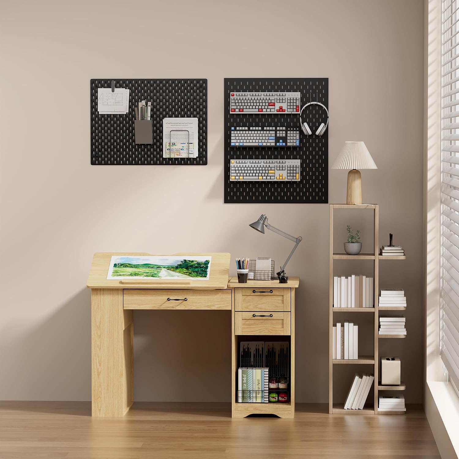 Drafting Table with Storage Cabinet & Drawers, Adjustable Drawing Table with Open Shelves, Craft Art Desk for Artists, Painters, Drawing, Crafting, Reading, Writing, Working
