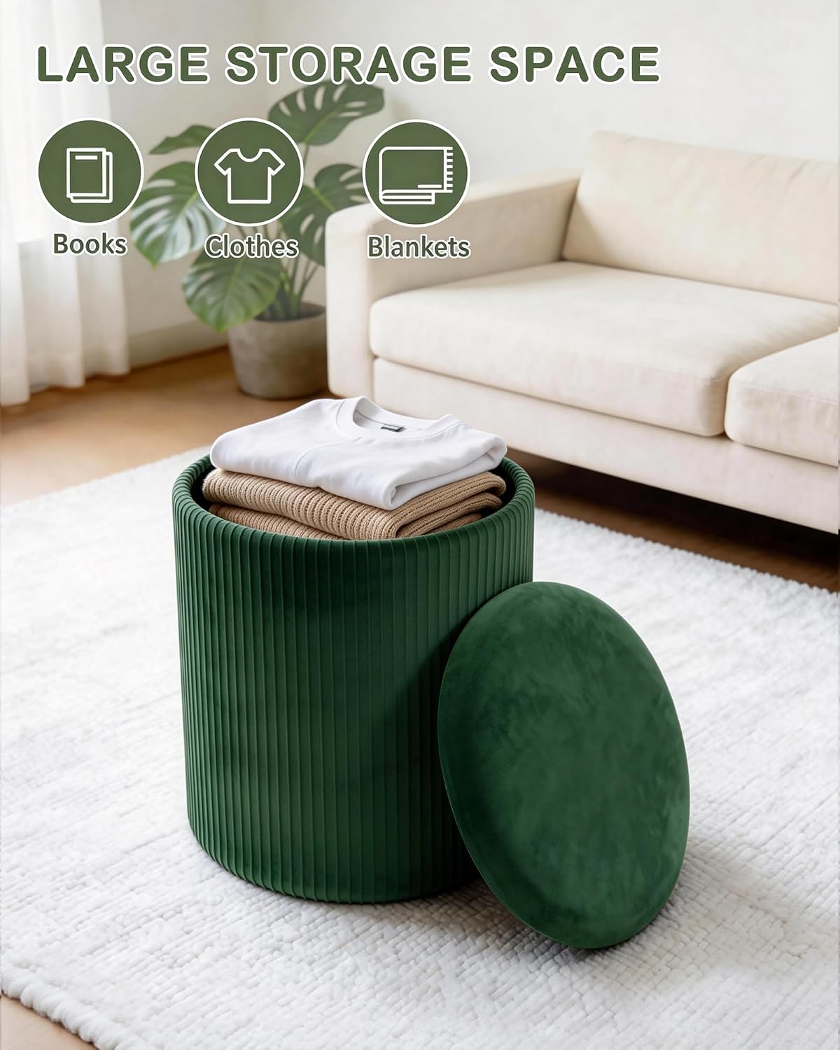 LITZFUR Round Ottoman with Storage, Velvet Foot Rest Stool, Green | Versatile Upholstered Vanity Stool, Padded Folding Storage Ottoman for Living Room, Bedroom and Dorm