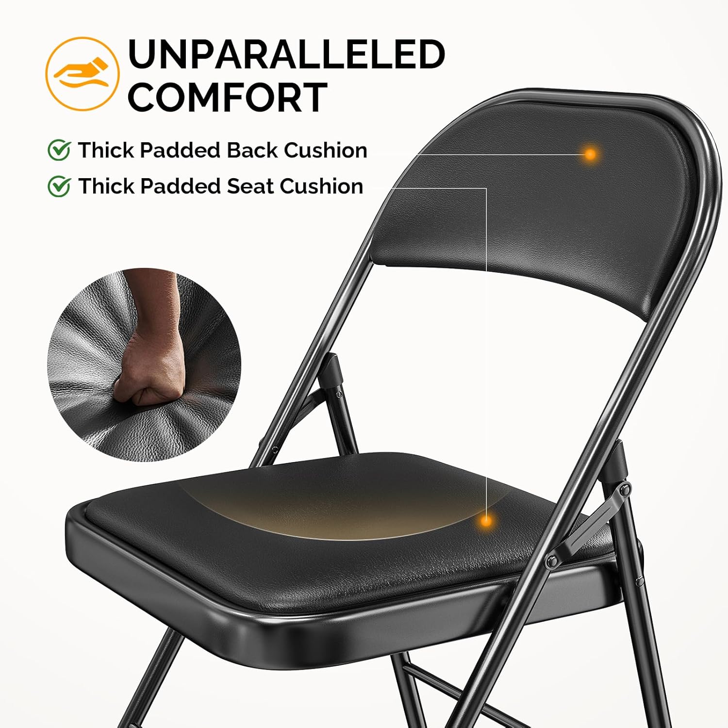 Bonnlo Folding Chair with Comfortable Padded Cushion and Back, Portable Folding Chairs for Outside, Office Events, Weddings, Pu Leather, 10 Black