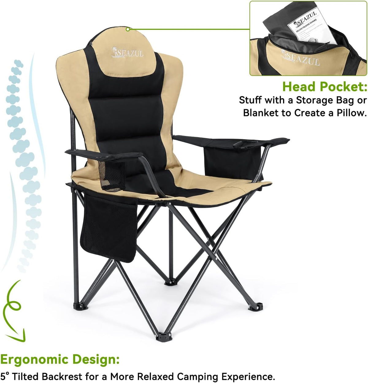 Camping Chairs for Adults, Heavy Duty Camping Chairs 2 Pack, Folding Chairs for Outside, Support 380 LBS, Portable Travel Outdoor Camp Chair with Cup Holder & Cooler Bag, Sports Chairs, Khaki
