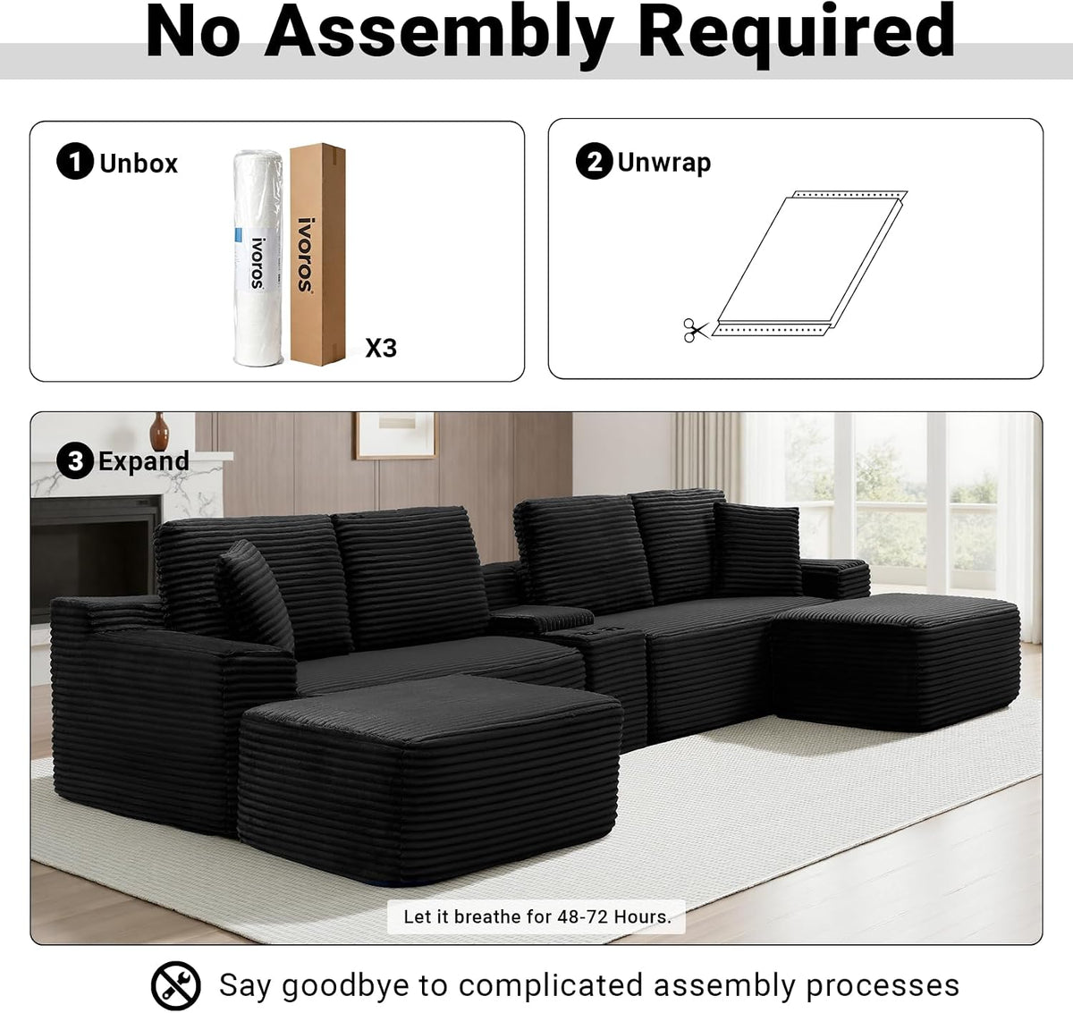 ivoros 150 Inch Modular Sectional Sofa Couch, Oversized Modern Cloud Couch for Living Room, U Shape Couches with 2 Ottomans, USB Ports and Cup Holders, Black Corduroy Sofas, Sofa in a Box