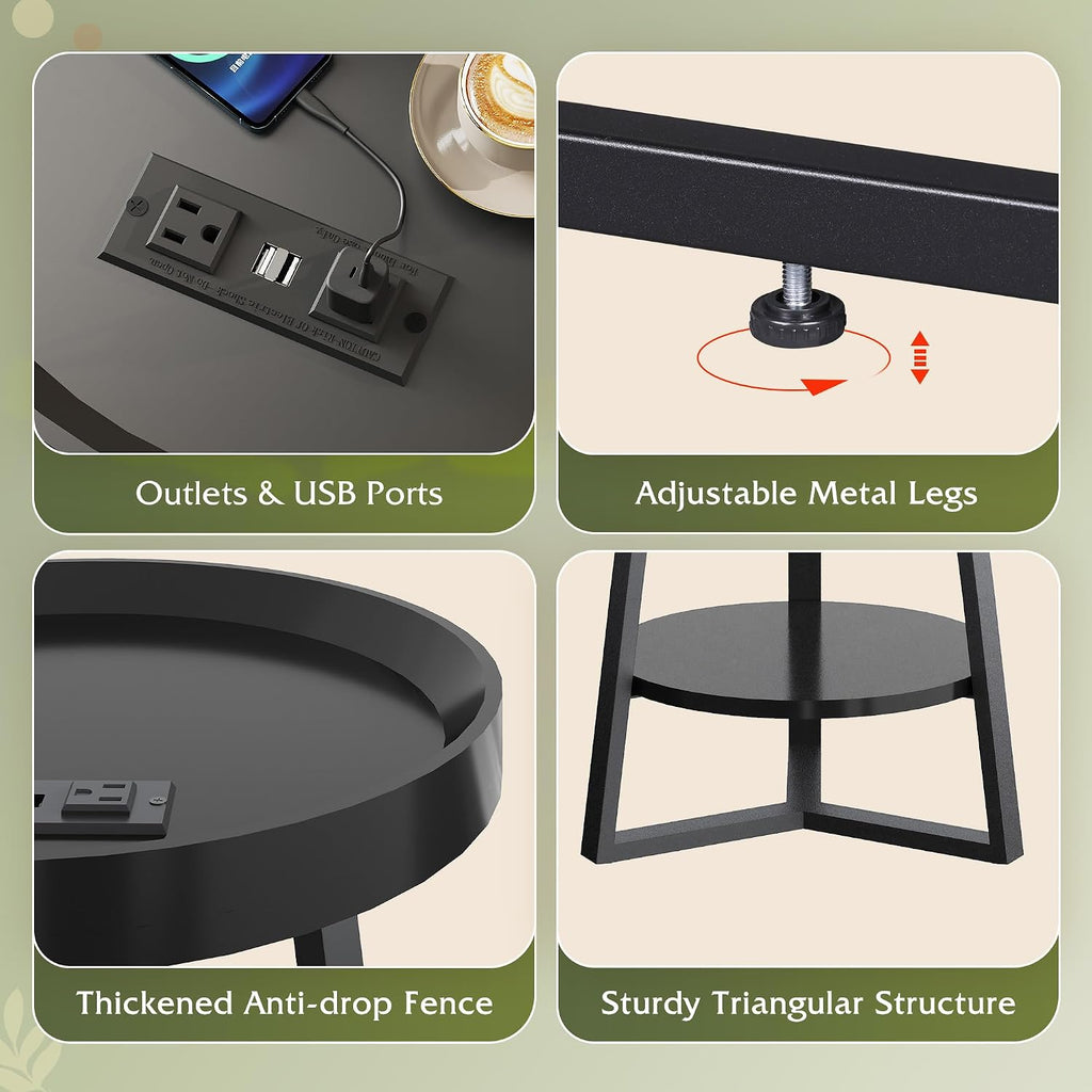 WLIVE Small Round Side Table with Charging Station, Round Coffee Table, 2 Tier End Table for Living Room/Bedroom, Sofa Couch, Easy to Assemble, Wood Tabletop & Metal Frame, Black