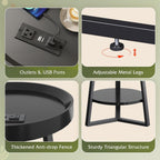 WLIVE Small Round Side Table with Charging Station, Round Coffee Table, 2 Tier End Table for Living Room/Bedroom, Sofa Couch, Easy to Assemble, Wood Tabletop & Metal Frame, Black