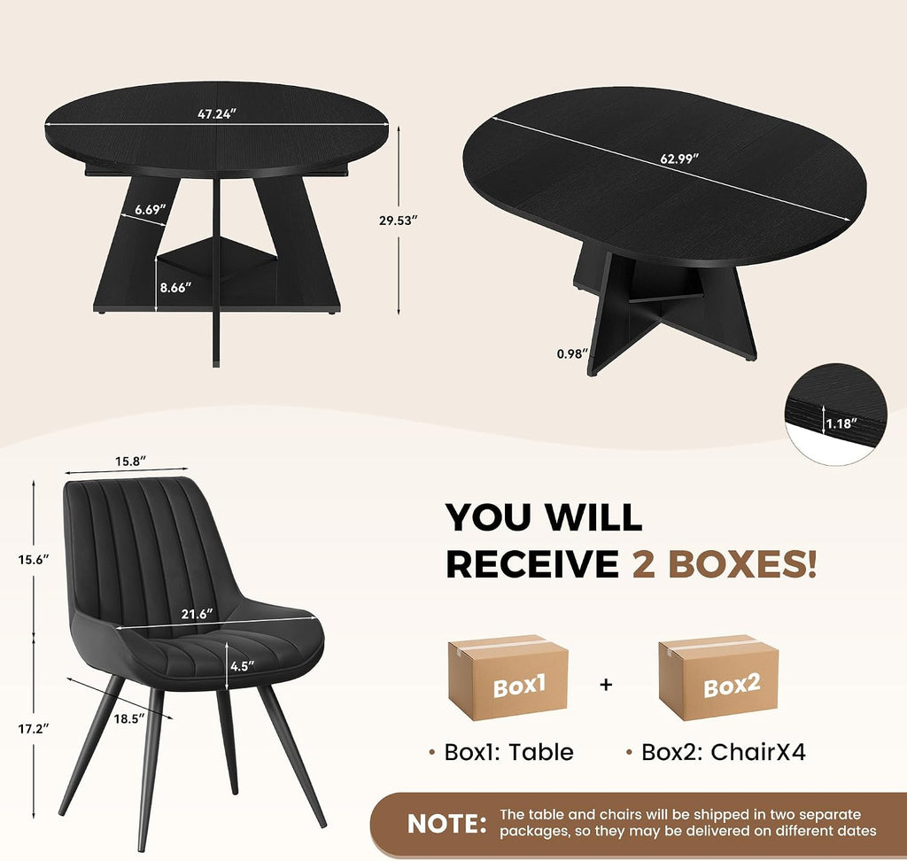 Miereirl Extendable Dining Table Set for 4-6, 47.24"-63" Round to Oval Dining Table Set with Upholstered Chairs, Hidden Storage Shelf, Kitchen & Dining Room Furniture for Apartment