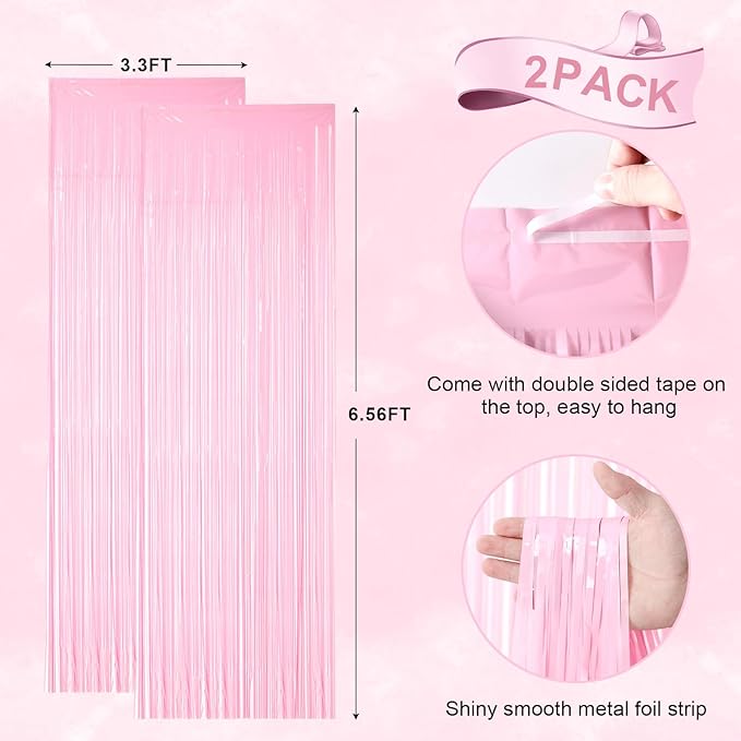 2 Pack Pastel Pink Tinsel Foil Fringe Curtains, Pink Party Decorations, Metallic Tinsel Party Streamers Backdrop for Birthday Baby Shower Graduation Wedding Gender Reveal Party Decorations