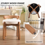 HEAH-YO Wood Vanity Chair with Back, Linen Upholstered Small Ottoman Footstool, Mid-Century Modern Makeup Chair with Solid Wood Legs for Makeup Room Bedroom Living Room, Beige