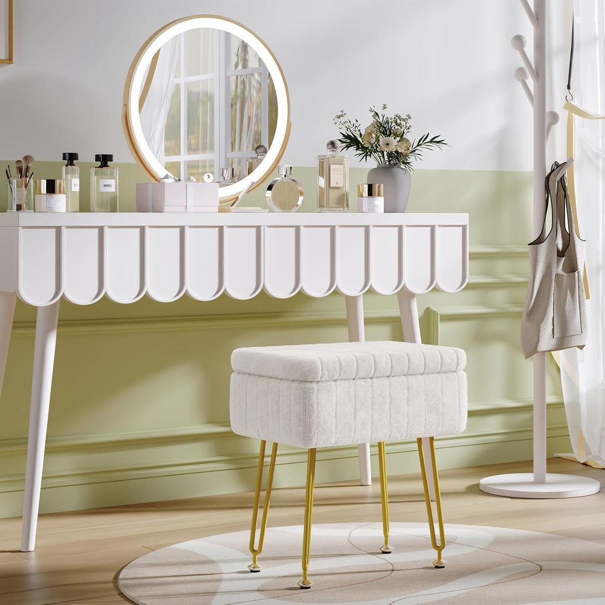 Somdot Vanity Stool Chair with Storage, Cute Furry Padded Seat, Makeup Stool, Footrest Footstool Ottoman, Metal Legs, Adjustable Feet for Living Room, Bedroom, Makeup Room, White