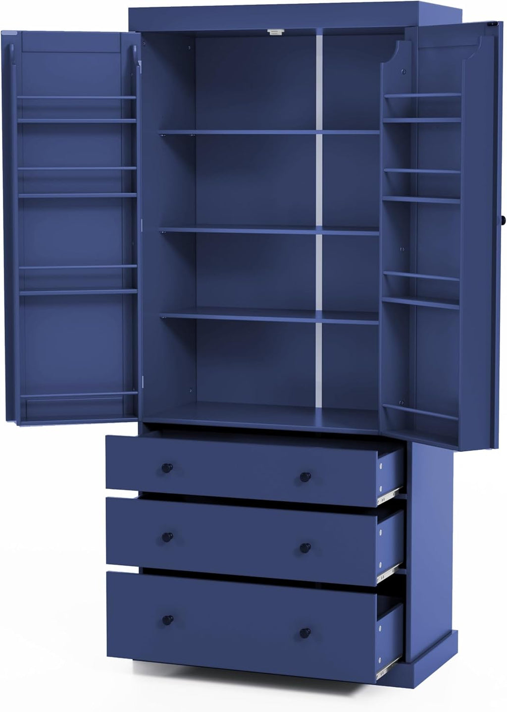 77" Tall Farmhouse Kitchen Pantry Cabinet, Freestanding Food Storage Cupboard with 3 Adjustable Shelves, 8 Door Shelves & 3 Drawers for Kitchen & Dining Room, Blue
