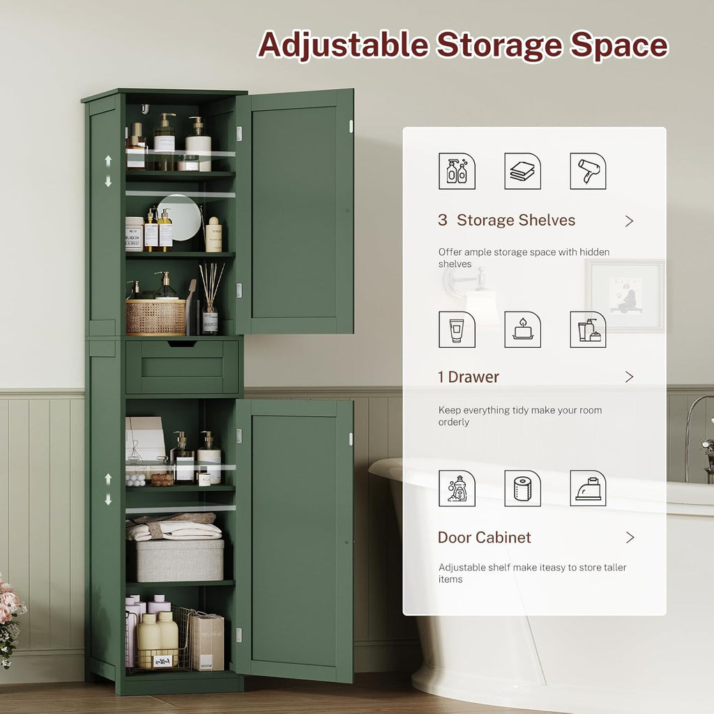 TEENFON Tall Bathroom Cabinet with 2 Doors & 1 Drawer, Narrow Bathroom Storage Cabinet with Adjustable Shelves, for Living Room, Entryway, Kitchen, Forest Green