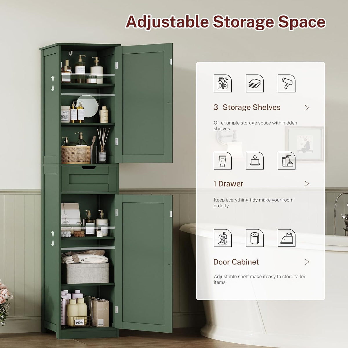 TEENFON Tall Bathroom Cabinet with 2 Doors & 1 Drawer, Narrow Bathroom Storage Cabinet with Adjustable Shelves, for Living Room, Entryway, Kitchen, Forest Green