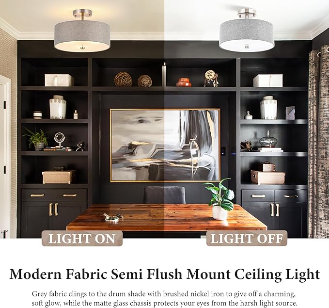 3-Light Semi Flush Mount Ceiling Light Fixture, 13" Modern Drum Light with Grey Fabric Shade, Close to Ceiling Lighting Hanging Lamps for Bedroom Living Room Dining Room Kitchen Hallway