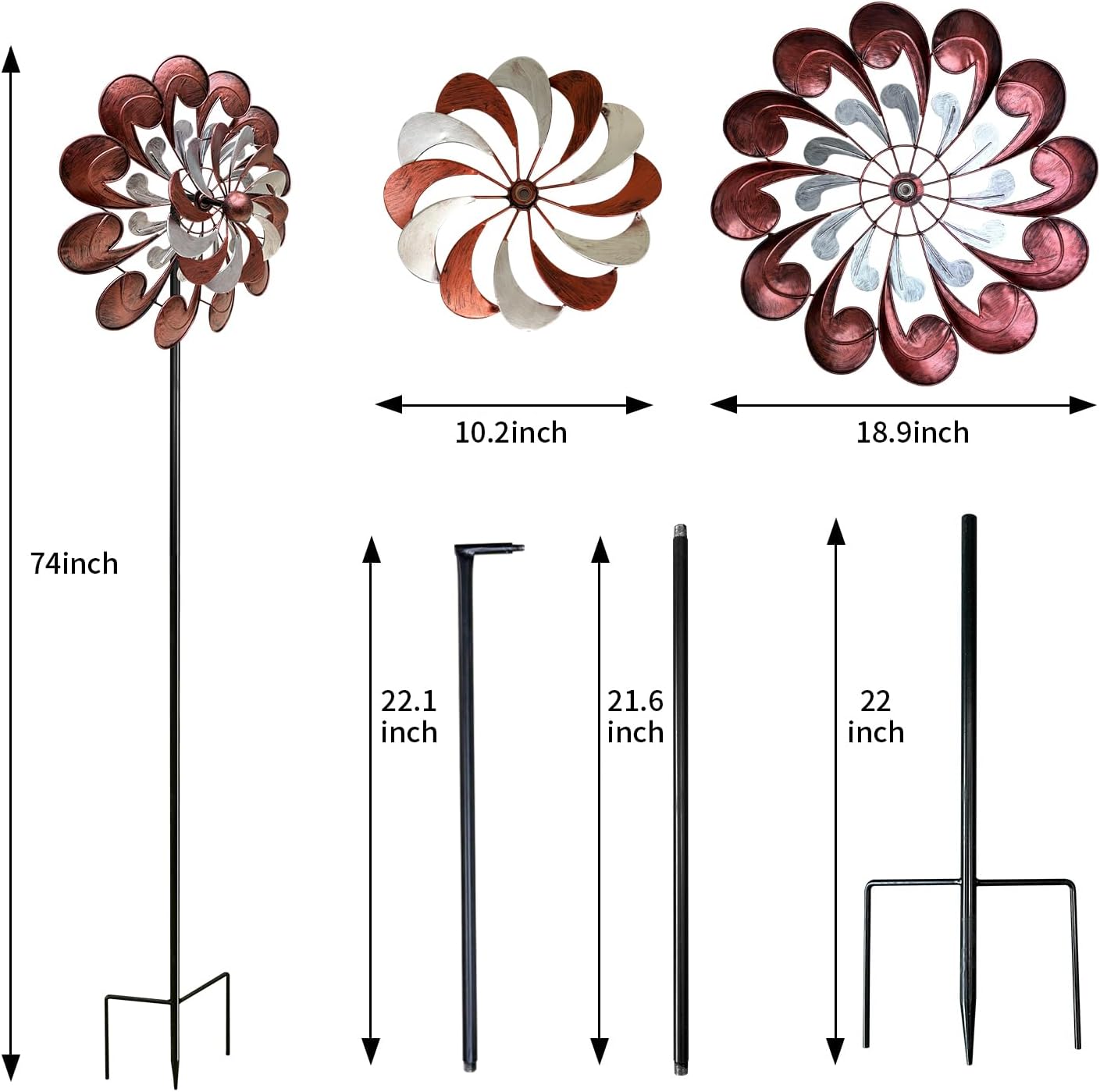 GUAGUA Classical Metal Wind Spinner Outdoor, 360 Degrees Swivel Wind Spinners for Yard and Garden, 74 Inch Kinetic Wind Sculptures Willow Leaves Patio Decor (Bronze & Red)