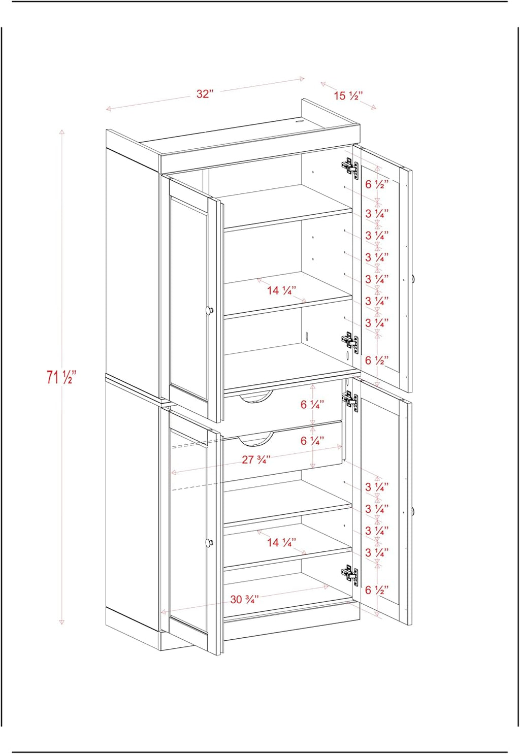Palace Imports Solid Wood Kitchen Pantry - 71.5" H x 32" W Tall Storage Cabinet - with Adjustable Shelves & 2-Drawer Kit, Cupboard, Gray, 100% Renewable Eco-Friendly Wood, Made in Brazil