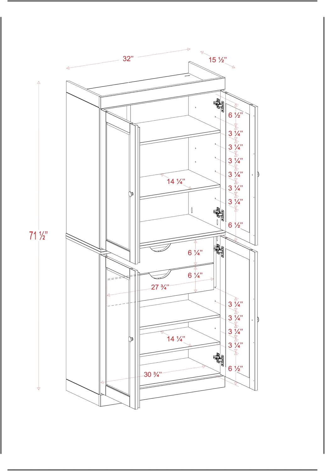 Palace Imports Solid Wood Kitchen Pantry - 71.5" H x 32" W Tall Storage Cabinet - with Adjustable Shelves & 2-Drawer Kit, Cupboard, Gray, 100% Renewable Eco-Friendly Wood, Made in Brazil