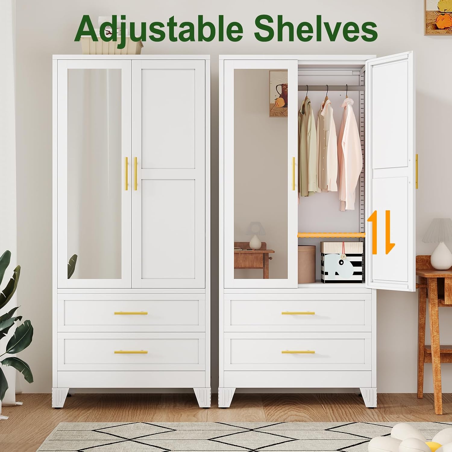 winiowa Metal Armoire Wardrobe Closet with 2 Drawers, 71" Wardrobe Cabinet with Adjustable Shelves and Hanging Rod, Clothing Storage Cabinet Closet with Mirror for Bedroom-White