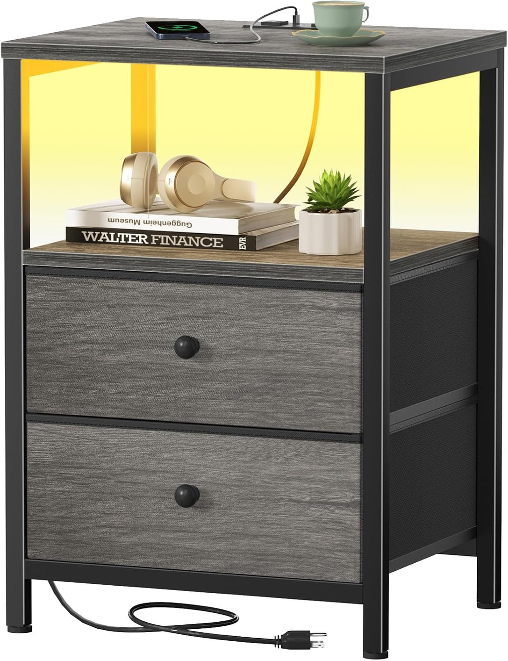 BOLUO Gray Nightstand with Charging Station, LED Night Stand with 2 Fabric Drawers, Bedside Table with USB Ports and Outlets, Nightstand for Bedroom Modern