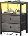 BOLUO Gray Nightstand with Charging Station, LED Night Stand with 2 Fabric Drawers, Bedside Table with USB Ports and Outlets, Nightstand for Bedroom Modern