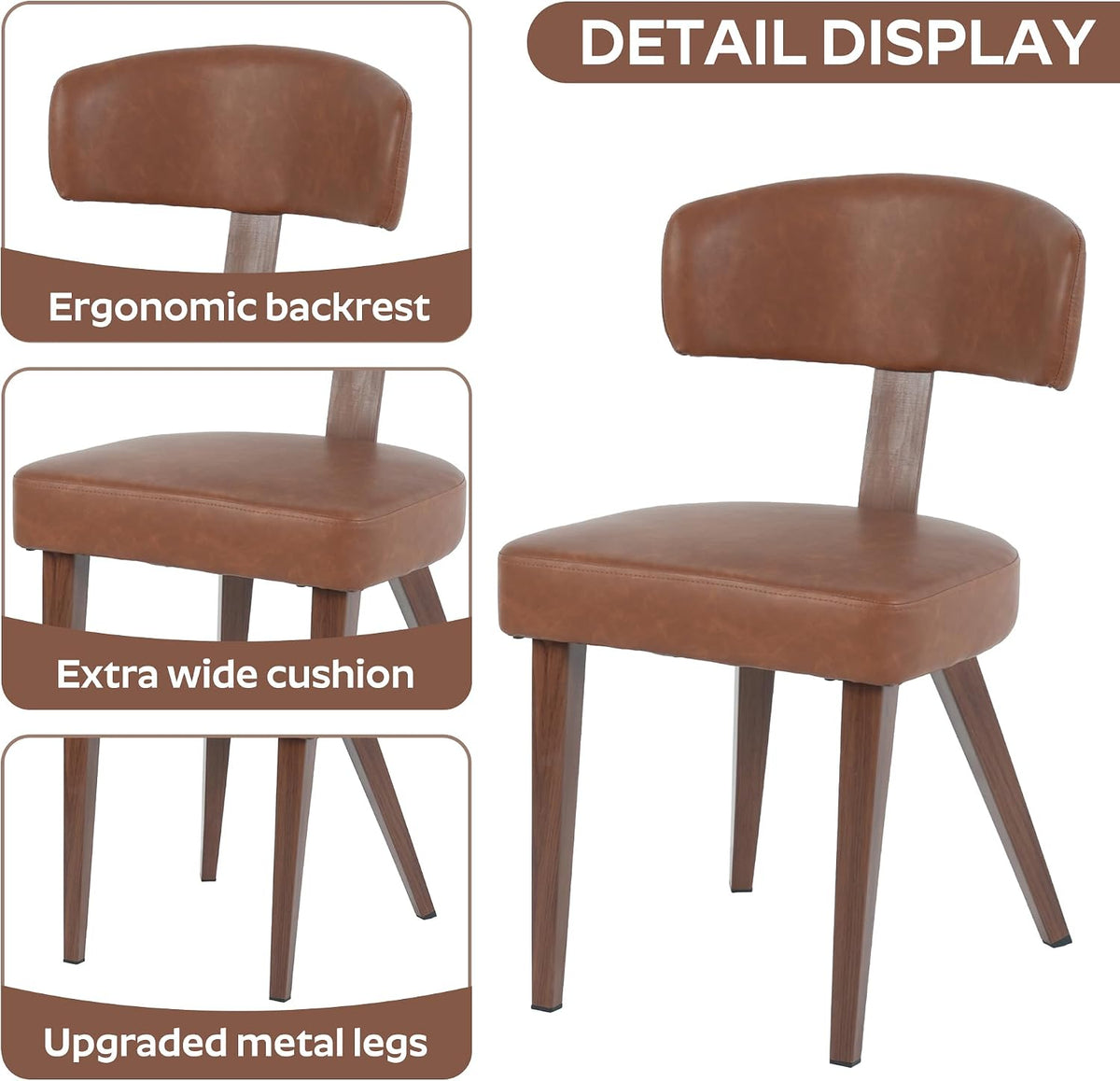 Mid-Century Dining Chair Set of 4, Upholstered Kitchen Chair with T-Shaped Back, Faux Leather with Wood Grain Metal Legs, Comfortable Padded Seat forKitchen, Living Room, Brown(Only Chairs)