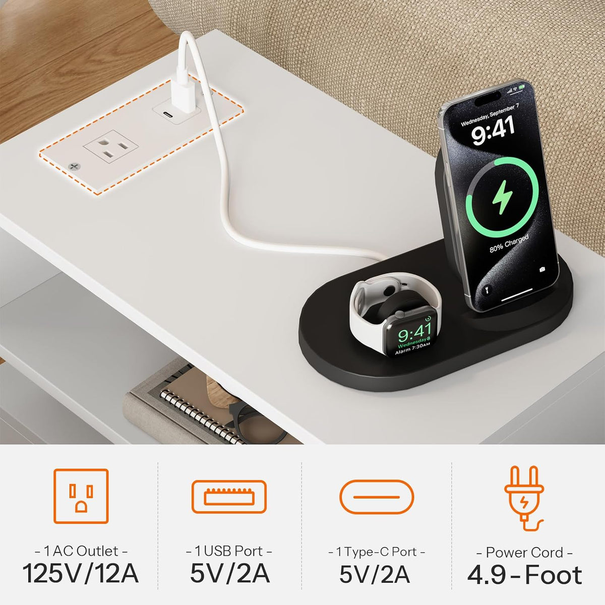 HOOBRO Narrow End Table, Floating Nightstand with LED Light Strip, with Drawer, Slim Bedside Table with Charging Station for Living Room, Bedroom, White WT204UDBZ01