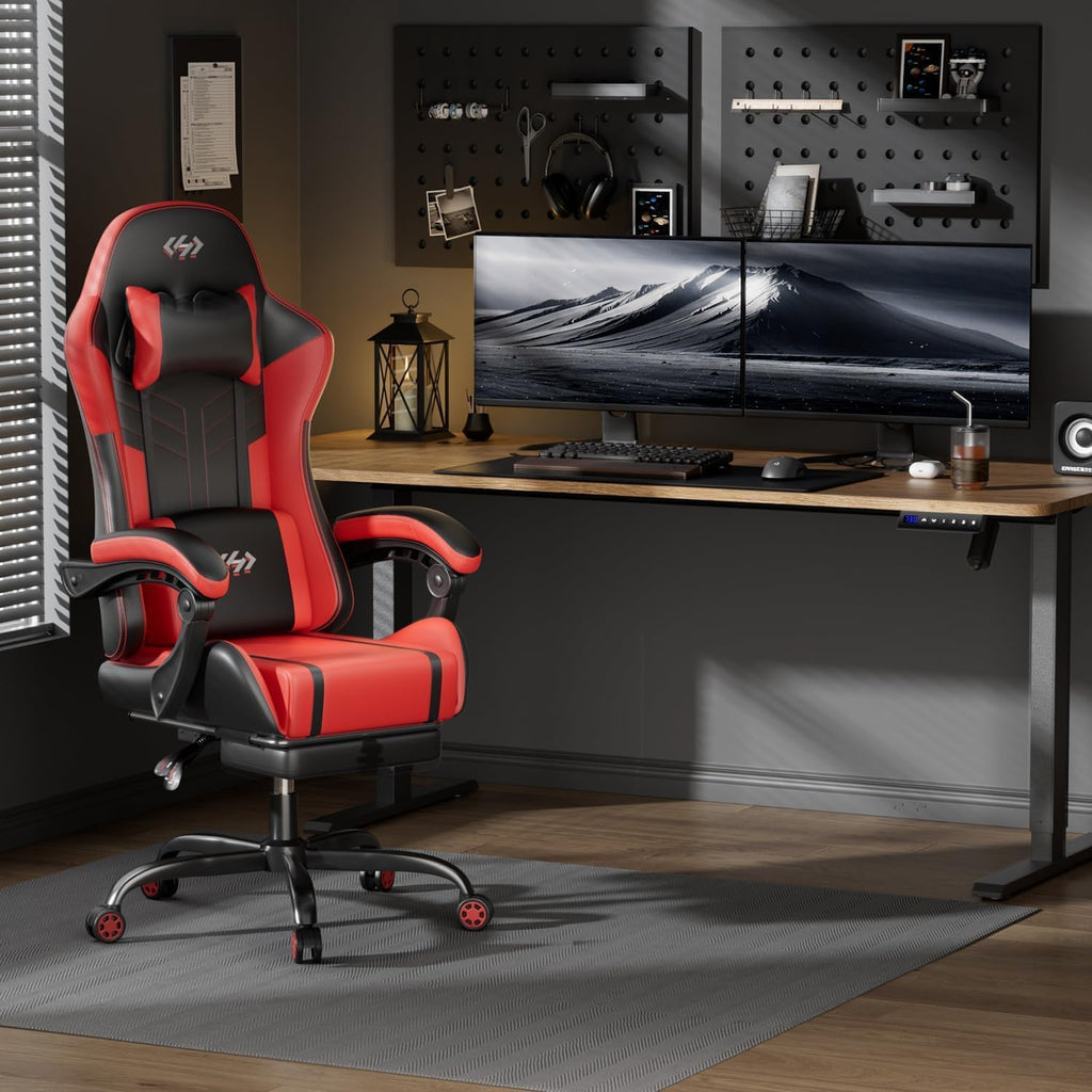 HLDIRECT High Back Gaming Chair, USB Massage Lumbar Support, Black&Red | PU Leather & Pocket Spring Seat Cushion, Footrest, 90°-135° recline, 330 lb capacity, for adult gaming, work & relaxing