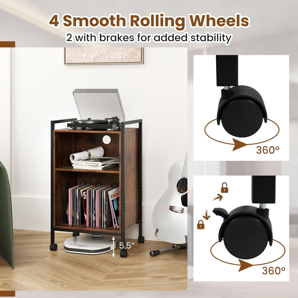 Giantex Record Player Stand with Charging Station, Mobile Turntable Stand with Record Storage & 4 Rolling Wheels, 3-Tier Vinyl Record Storage w/ Open Shelves & Dividers for Living Room, Rustic Brown