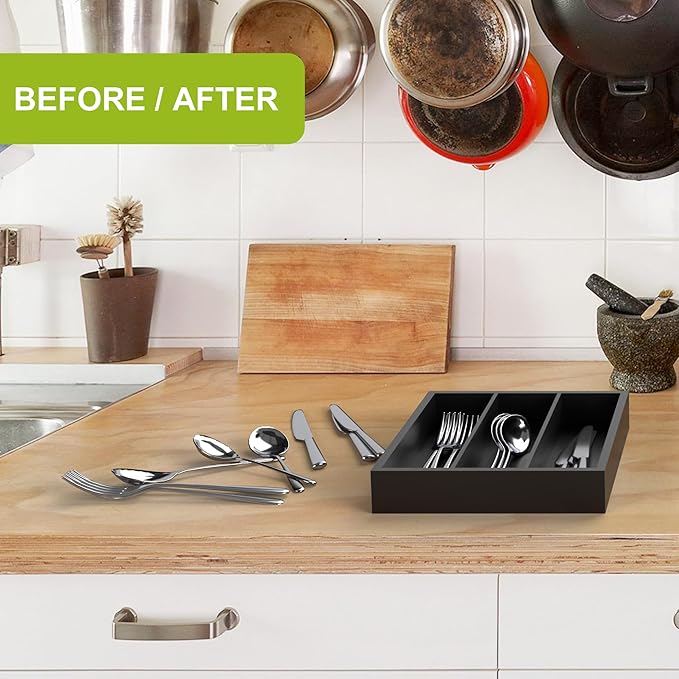 Bamboo Utensil Drawer Organizer, Silverware Tray Organizer, Kitchen Drawer Organizer for Flatware Cutlery (Black, 3 Slots)