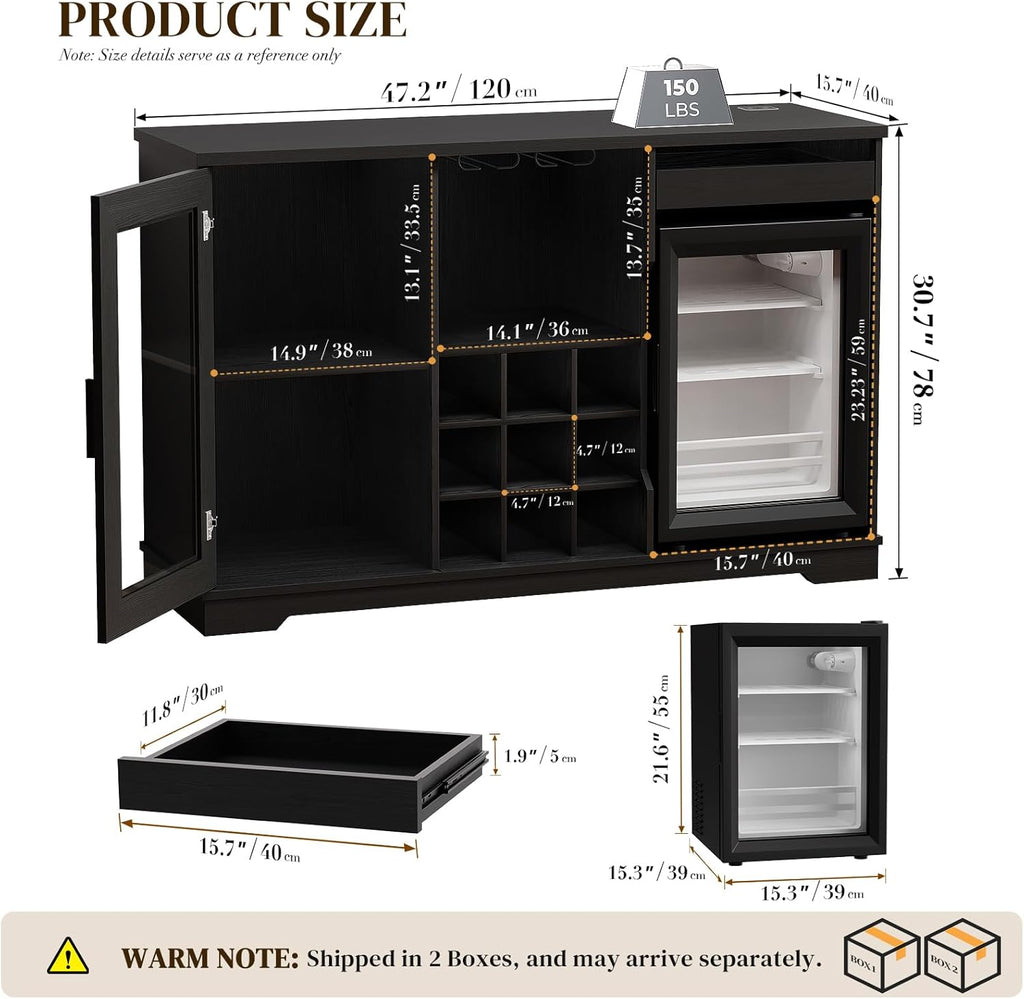 BROTTAR Large Coffee Bar Cabinet with Fridge (Fridge Included) | Liquor Wine Bar Cabinet with LED Lights, Glass Holder, Wine Rack, Human Body Sensor, Buffet Sideboard for Home, Black