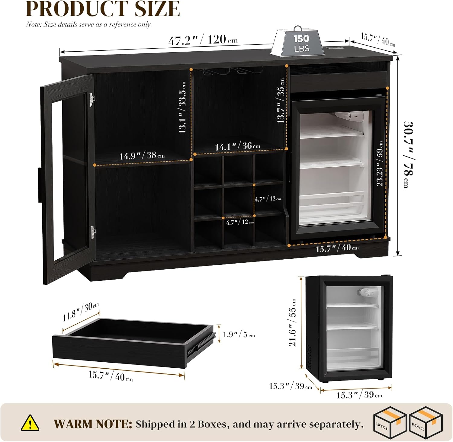 BROTTAR Large Coffee Bar Cabinet with Fridge (Fridge Included) | Liquor Wine Bar Cabinet with LED Lights, Glass Holder, Wine Rack, Human Body Sensor, Buffet Sideboard for Home, Black