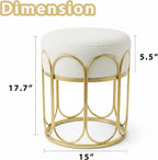 Pre-Assembled Modern Gold Vanity Stool, White Sherpa Boucle Round Ottoman & Metal Frame Pouf, 17.7" No Assembly Required Makeup Chair, Cozy Teddy Footrest for Bedroom & Living Room