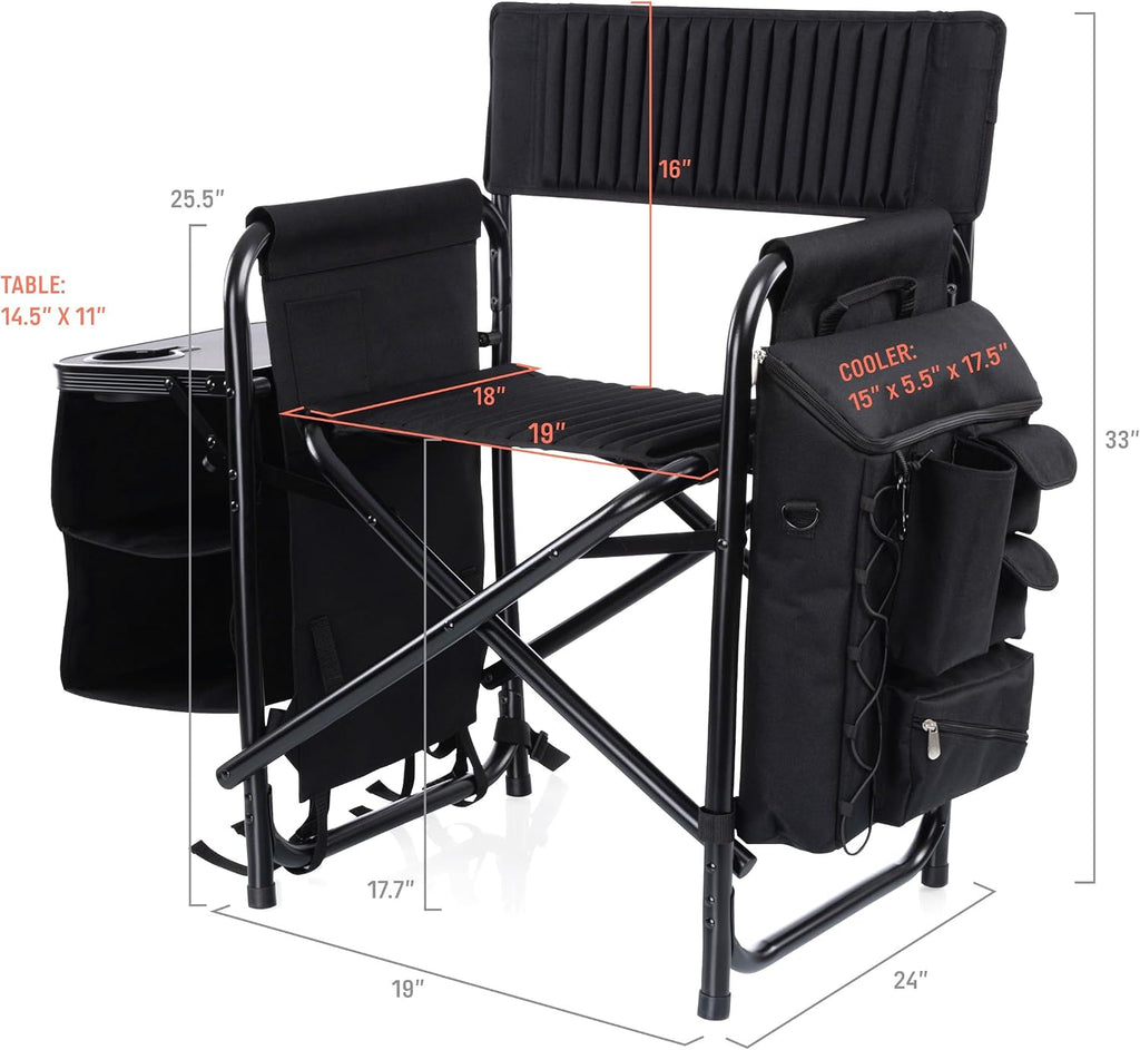 Picnic TIME Fusion Camping Chair with Side Table and Soft Cooler, Outdoor Foldable Padded Camping Chairs with Shelves, Pockets, & Cup Holder for Lawn, Beach, & Sports Use for Adults, (Matte Black)