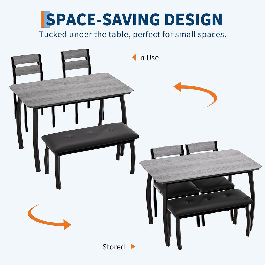 Kitchen Table Set for 4, 4-Piece Dining Table with 2 Chairs and PU Upholstered Bench - Cutting Corner Tabletop Design, Space-Saving Kitchen Furniture for Studio, Restaurant, Gray