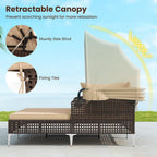 Tangkula Outdoor Rattan Daybed with Retractable Canopy, Boho Patio Wicker Sunbed with Metal Support, Pillows & Cushions, Outdoor Double Chaise Lounge with Shade for Backyard, Poolside, Deck & Balcony