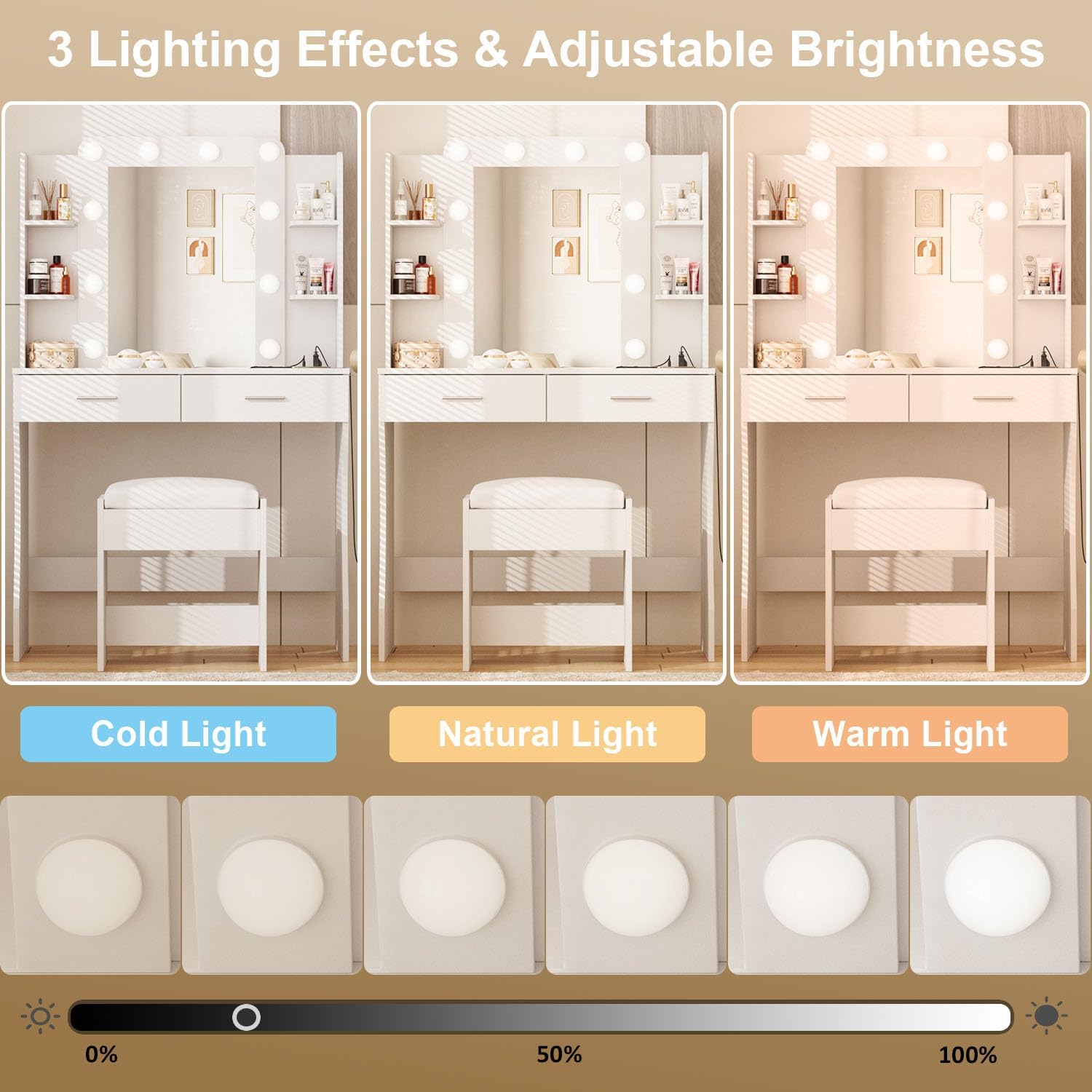 Vabches Vanity Desk with Mirror and Lights,Makeup Vanity Table with Charging Station,Vanity Set with 2 Drawers & Lots Storage Space,3 Lighting Modes Adjustable Brightness,White