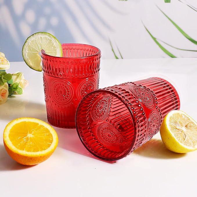 12pcs Vintage Drinking Glasses Set, 12 oz Highball Glasses & 9 oz Embossed Ribbed Glassware Cups for Cocktail, Water, Juice, Coffee, Whiskey (Christmas Red)