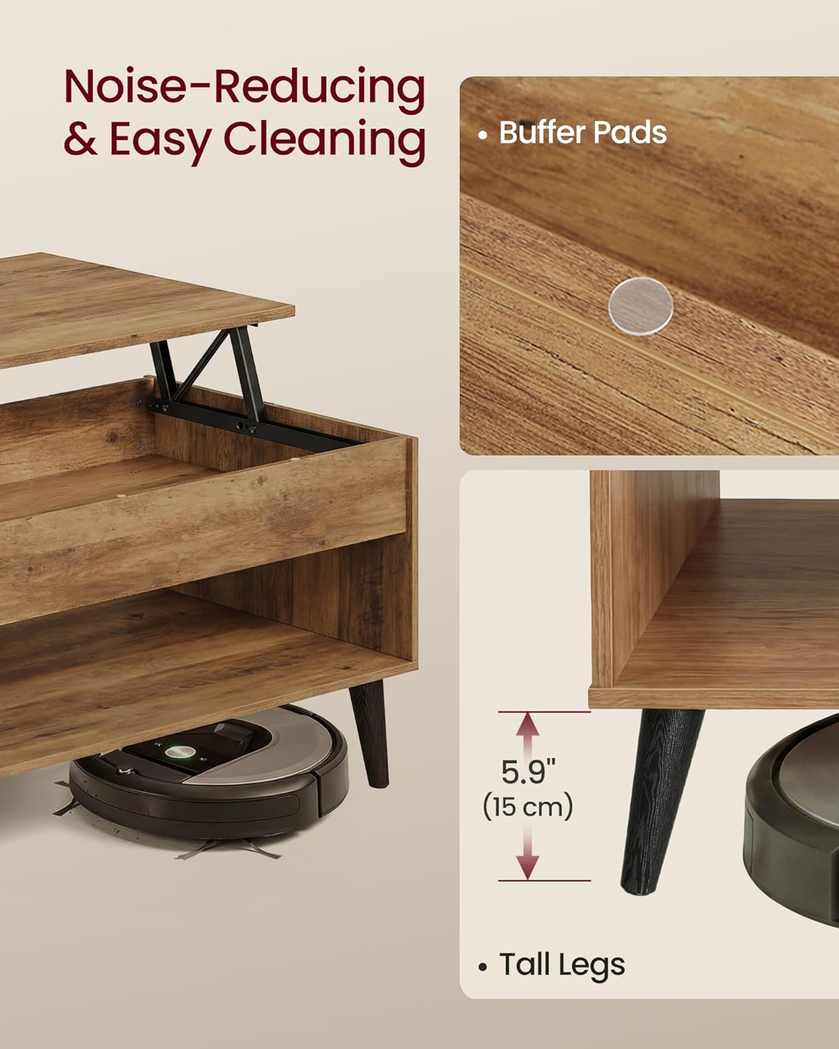 VASAGLE Lift Top Coffee Table with Hidden Storage, Gas Spring
