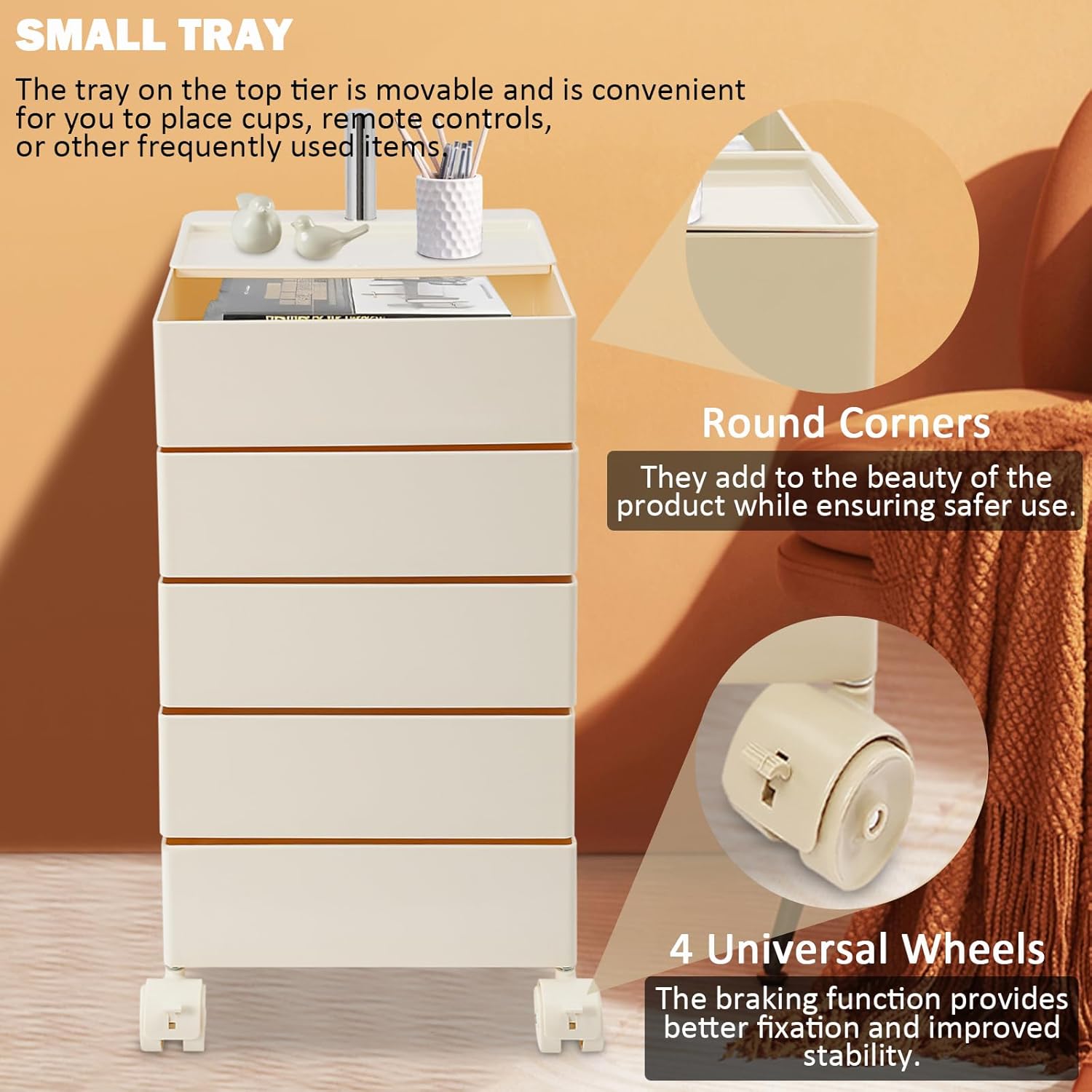 360° Movable Rotating Storage End Table Sofa Side Cabinet Laptop Bedside Table with 5 Tiers Shelves 4 Universal Casters for Living Room Bedroom Sofa Dormitory, White