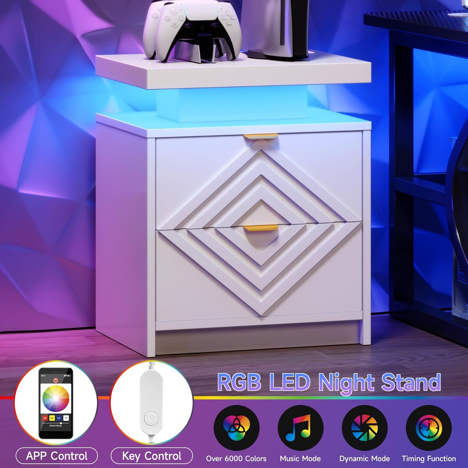 White Nightstand with Charging Station and LED Lights, Smart Night Stand, Modern Bedside Table with Drawers, RGB Lights, Power Outlets, USB and Type-C Ports, End Side Table for Bedroom Office (2)