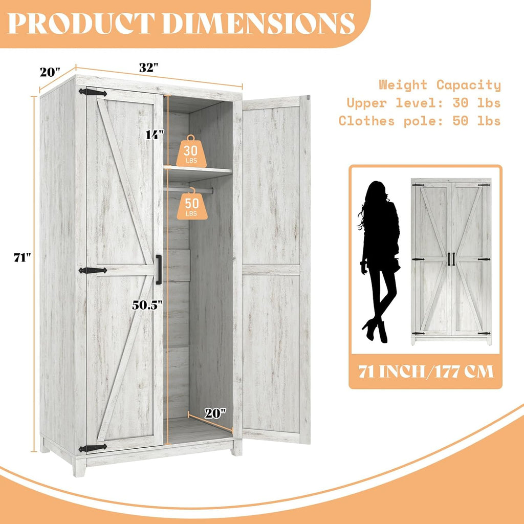 AMERLIFE 71" Farmhouse Wardrobe Closet with Hanging Rod & Barn Doors | Large Armoire Storage Cabinet, Storage Shelf, Versatile Clothing Organizer, Anti-Tip Kit, for Bedroom, White