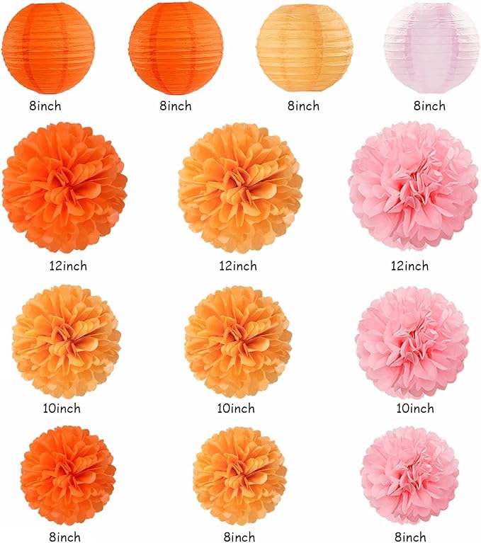 Pink-Orange Groovy Party-Decorations - 20pcs Fall Autumn Thanksgiving Harvest Paper Streamers Lanterns Fans,Tissue Pom Poms,Honeycomb Balls,Bunting,Birthday Baby Bridal Shower Wedding Decor Burgleda