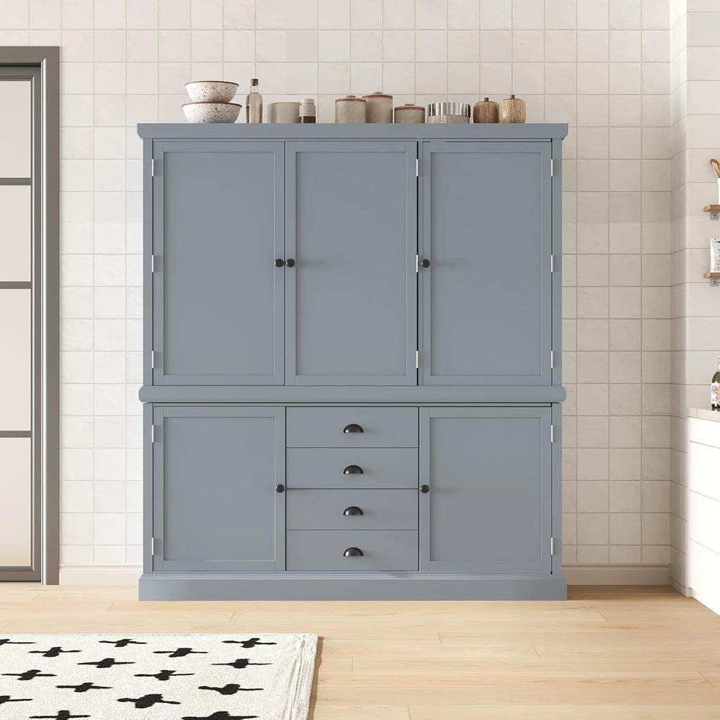 73'' Traditional Freestanding Wooden Kitchen Pantry, Large Kitchen Storage Unit Cupboard with Drawers Cupboard with Door Shelves and Adjustable Shelves (Gray-T)