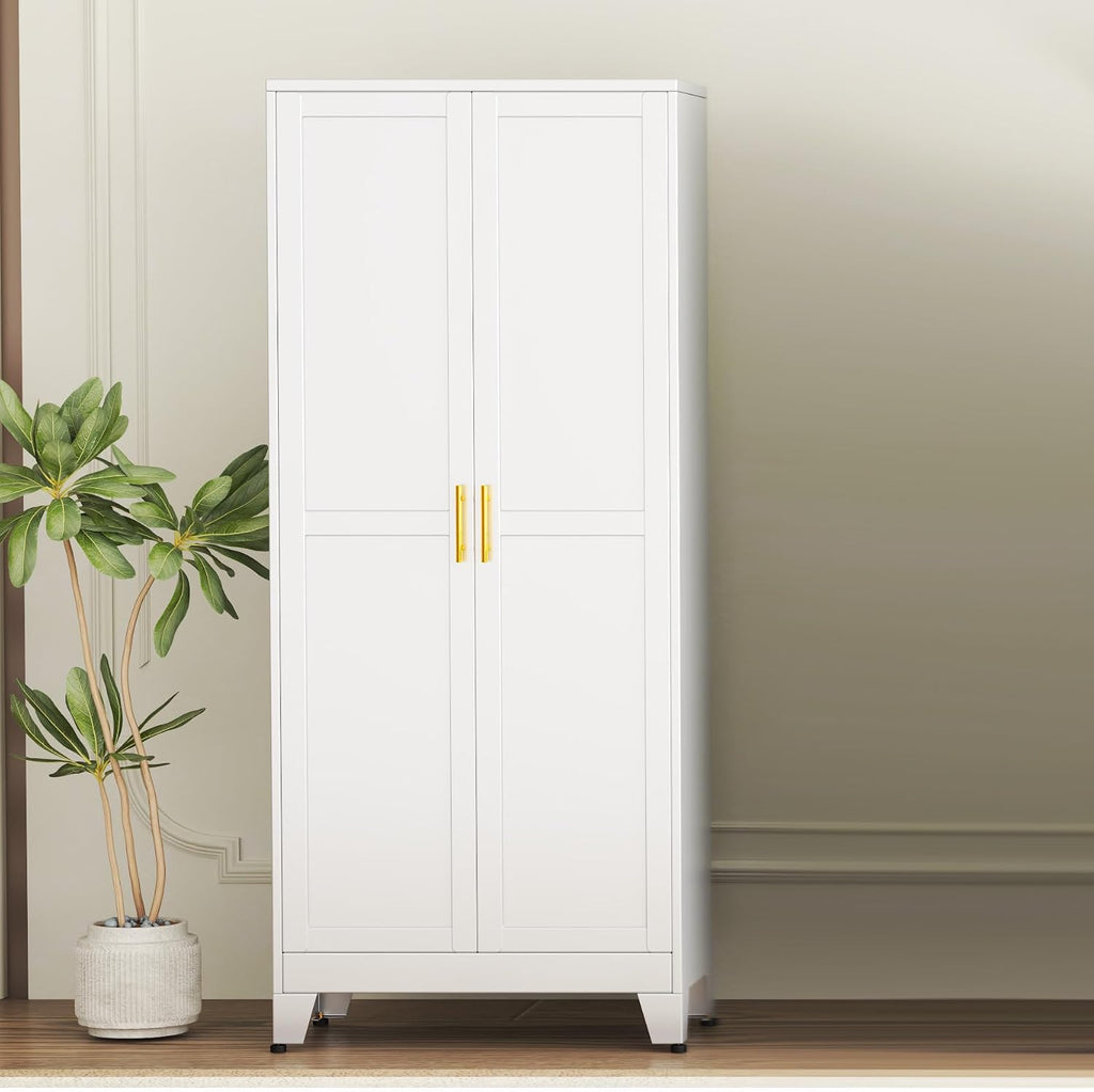 GAIOUS 75.2" Tall Kitchen Pantry Storage Cabinet, Metal File Cabinet with 2 Door and 5 Adjustable Shelves, White Cupboard, Storage Cabinet for Kitchen Office Dining Room Living Room
