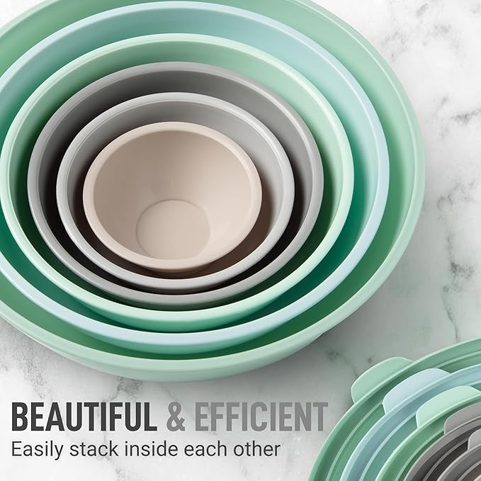 Zulay Kitchen 12 Piece Plastic Nesting Mixing Bowl Set - Colorful Bowls with Lids - Microwave and Freezer Safe (Mint Ombre)