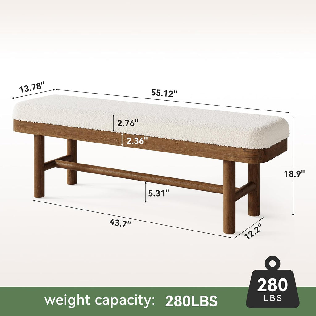 55-Inch Solid Wood Entryway Bench, Rustic Upholstered Bench, Modern Dining Bench with Cushion for Entryway, Dining Room, Mudroom, Porch, Easy Assembly, White & Brown