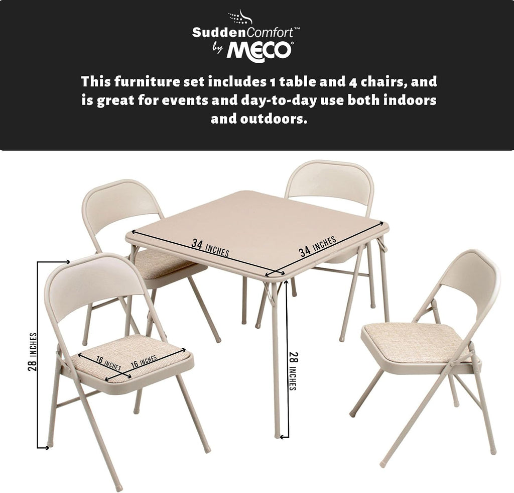 Sudden Comfort 5 Piece 34 x 34 Inch Square Folding Dining Card Table, Tan | with 4 Padded Folding Chairs Furniture Set for Gatherings and Games